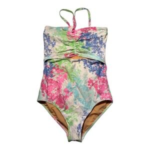 Crewcuts Girls 14 One Piece Swimsuit Floral Print Ruched Cutout Halter Neck